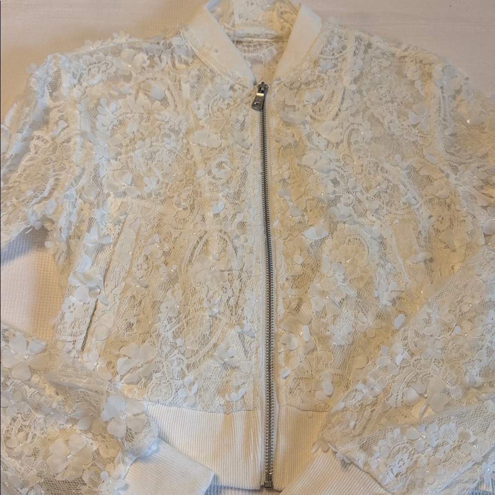 Avec Les Filles Lace Crop Bomber Jacket White Size XS - Picture 7 of 13